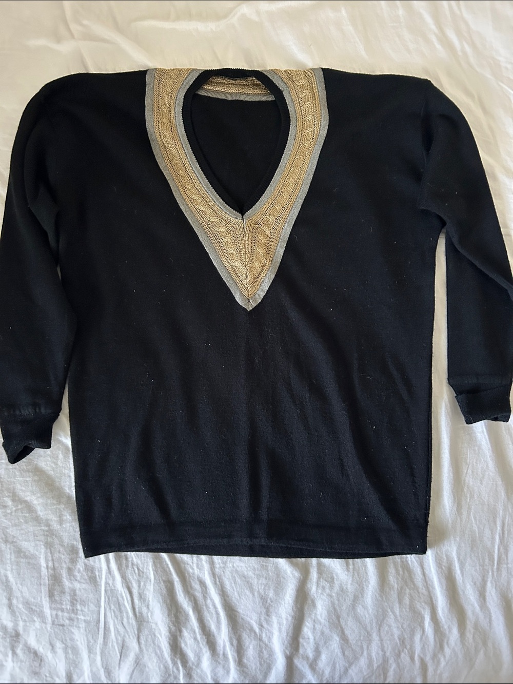 Black V-Neck Sweater with Gold Trim